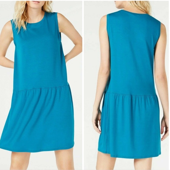 Eileen Fisher Jasper Drop Waist  Stretch Jersey Mini Shirt Dress in Green - Picture 1 of 9
